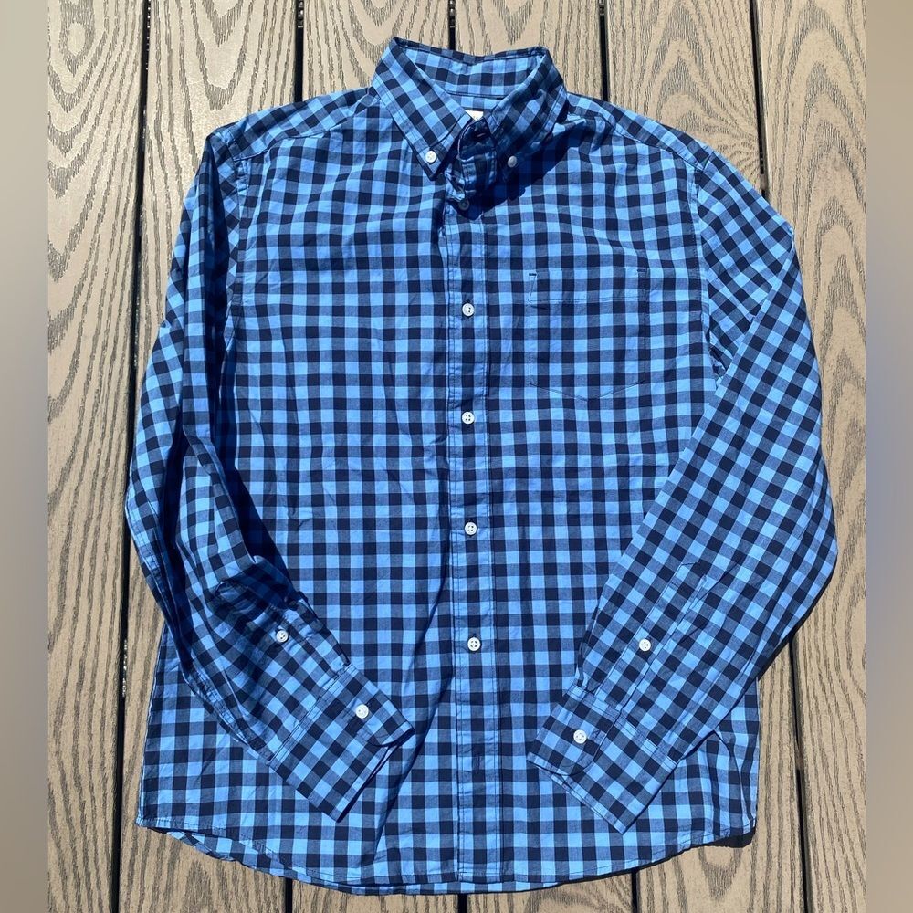 Crewcuts blue black long sleeve button up collared shirt 14 church uniform